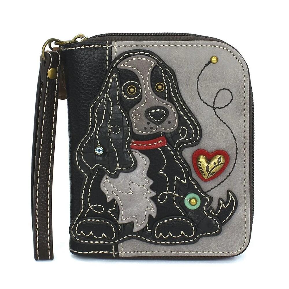 Chala Faux Leather Zip Credit Card Wallet Wristlet - Blk Cocker Spaniel Gray NWT